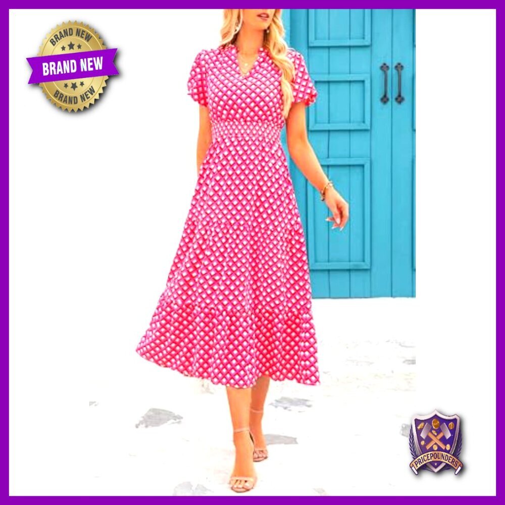 Floral Maxi Dress V Neck Puff Sleeve Smocked Waist Boho Summer Casual - Picture 3 of 7